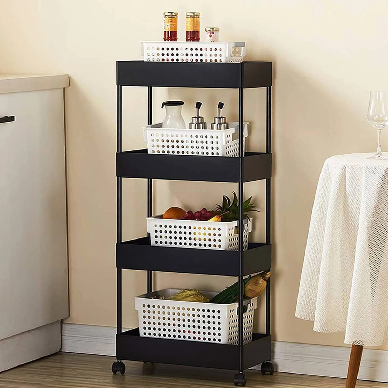 Pinkwhale 4 Compartments Plastic, Stainless Steel Storage Trolly
