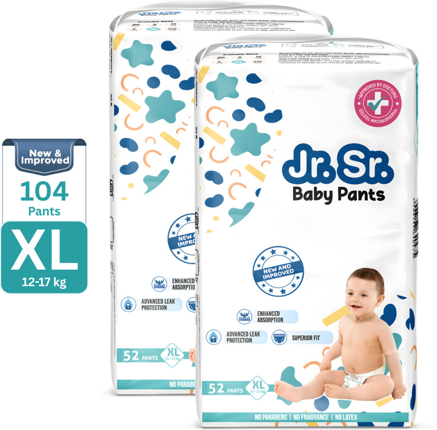 Jr. Sr. baby diaper| Extra Large | 12-17 Kg | 108 Counts | Pack of 2 -
