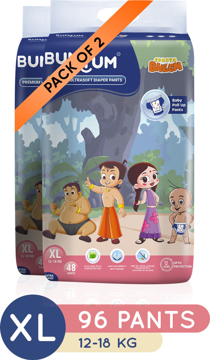 Image of BUMTUM Chota Bheem Baby Diaper Pants With Leakage Protection -12 to 17 Kg (Pack of 2) - XL