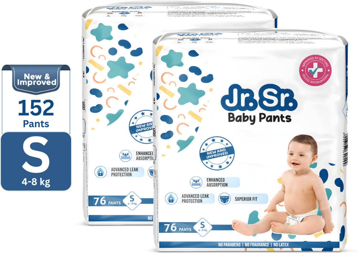 Jr. Sr. baby diaper| Small | 4-8 Kg | 156 Counts | Pack of 2 - S