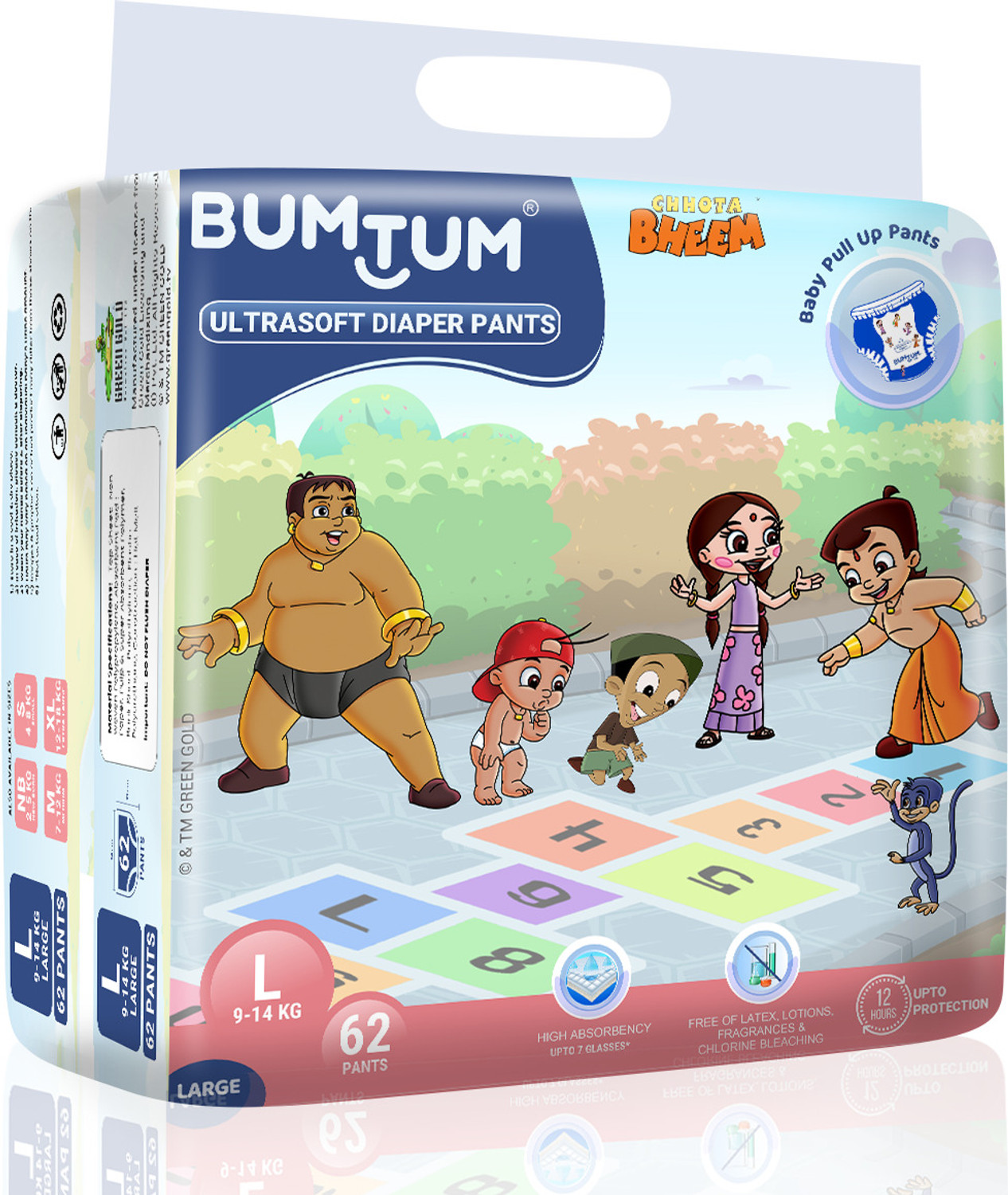 Image of BUMTUM Chhota Bheem Premium Baby Pull-Up Diaper Pants with Aloe Vera,Wetness Indicator and 12 Hours Absorption - Large - L