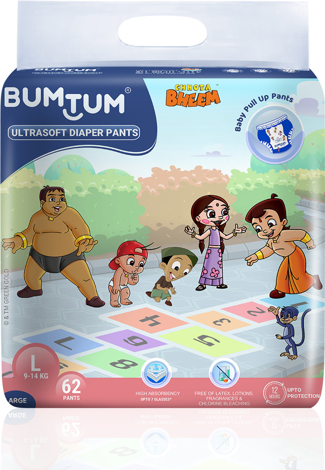 Image of BUMTUM Chhota Bheem Premium Baby Pull-Up Diaper Pants with Aloe Vera,Wetness Indicator and 12 Hours Absorption - Large - L