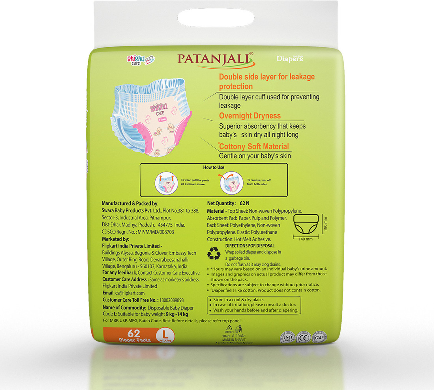 Image of PATANJALI Shishucare Baby Diapers - Large - 62 - L