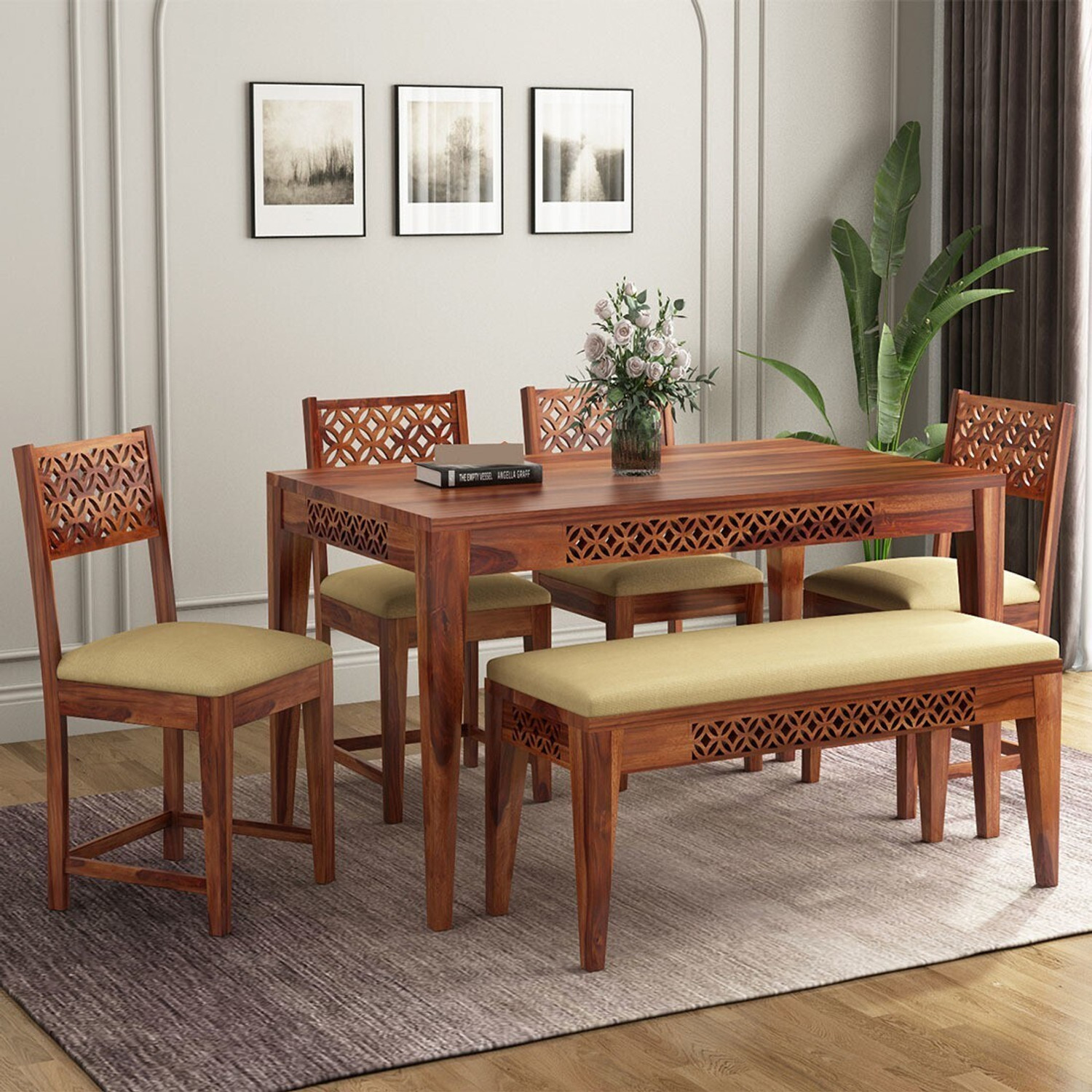 Mooncraft Furniture Wooden Dining Table with 4 Chairs &amp; 1 Bench Solid Wood 6 Seater Dining Set  (Finish Color -Honey Teak, Knock Down)