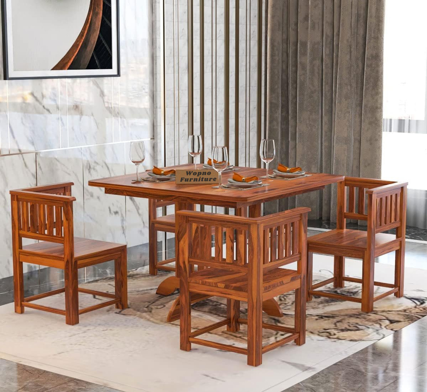 Image of Ghodela Furniture Solid Sheesham Wood 4 Seater Dining Table Set with 4 Chairs for Dining Room Solid Wood 4 Seater Dining Set (Finish Color -Honey Finish, DIY(Do-It-Yourself))