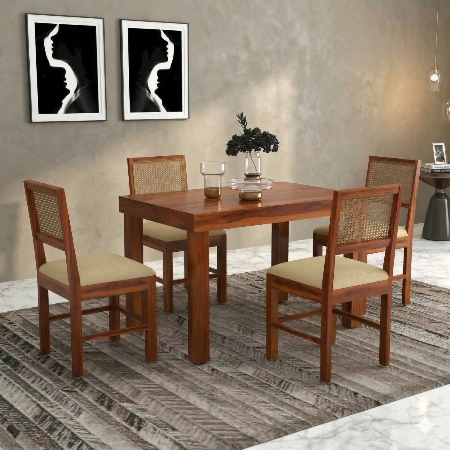 Image of Ghodela Furniture Solid Sheesham Wood 4 Seater Dining Table Set with 4 Chairs for Dining Room Solid Wood 4 Seater Dining Set (Finish Color -Honey Finish, DIY(Do-It-Yourself))