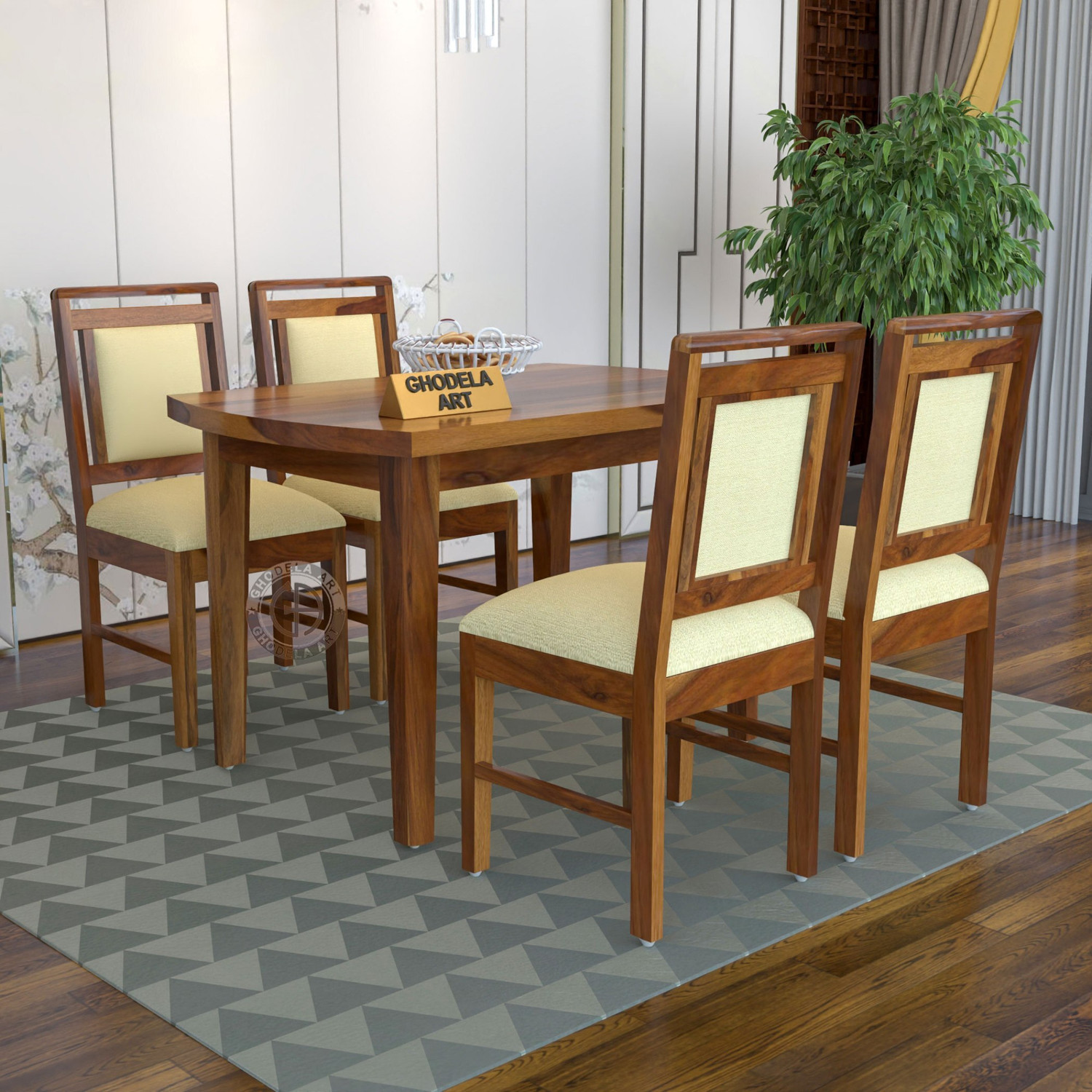 Image of Ghodela Furniture Solid Sheesham Wood 4 Seater Dining Table Set with 4 Chairs for Dining Room Solid Wood 4 Seater Dining Set (Finish Color -Honey Finish, DIY(Do-It-Yourself))