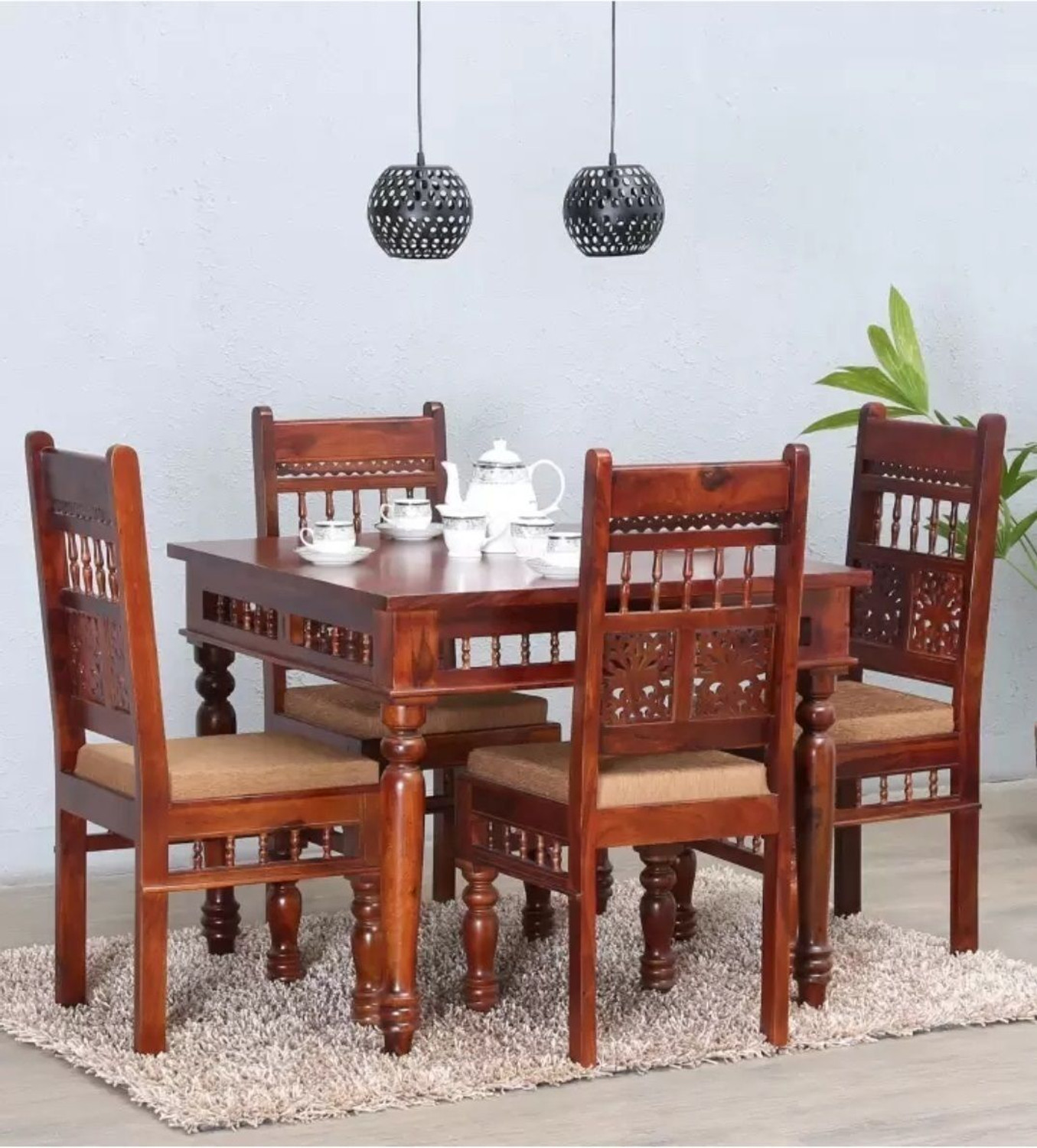 Image of Ghodela Furniture Solid Sheesham Wood 4 Seater Dining Table Set with 4 Chairs for Dining Room Solid Wood 4 Seater Dining Set (Finish Color -Honey Finish, DIY(Do-It-Yourself))