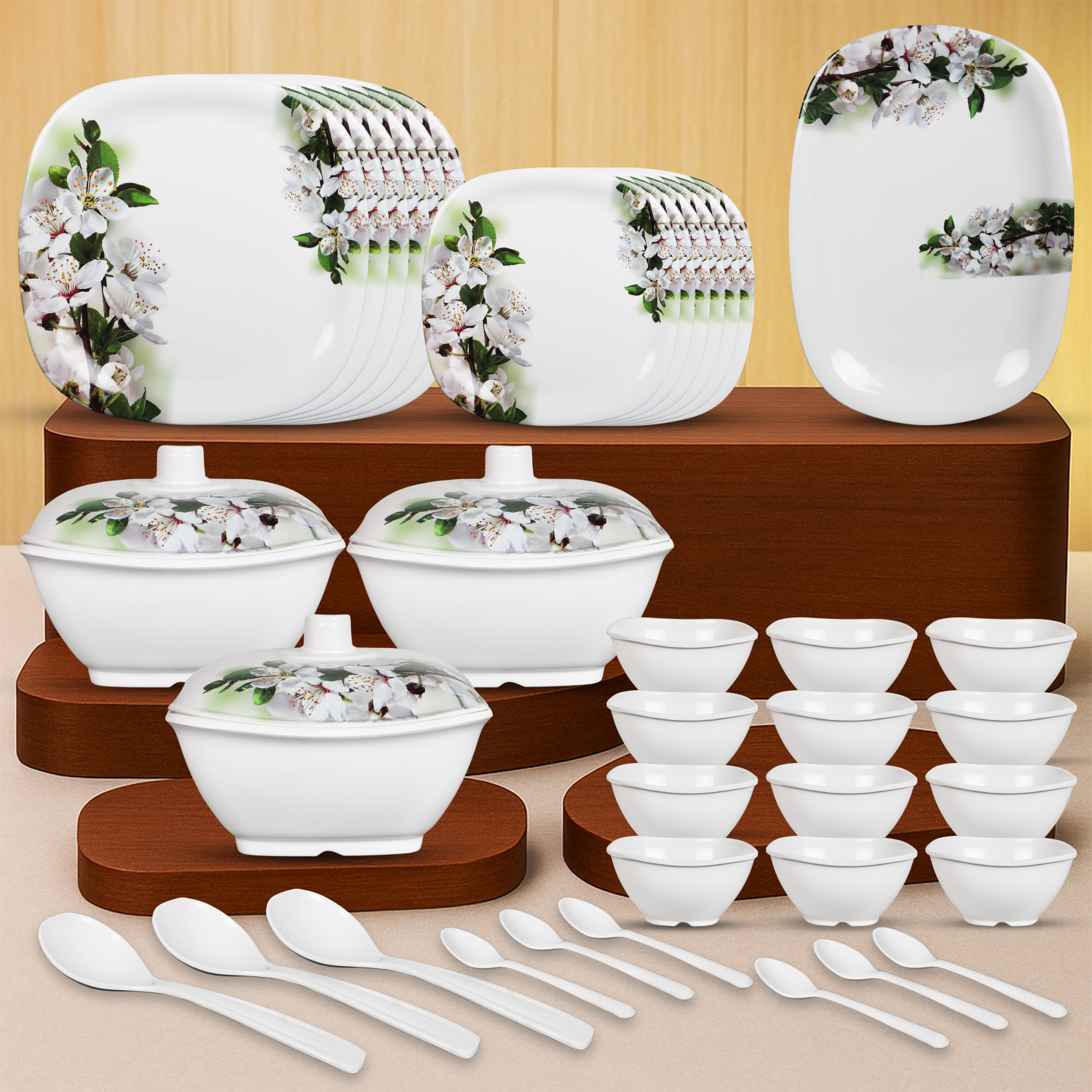 Flipkart SmartBuy Pack of 40 Melamin Emerald Bloom Melamine Dinner Set | Dishwasher Safe| Stain Resistant Dinner Set