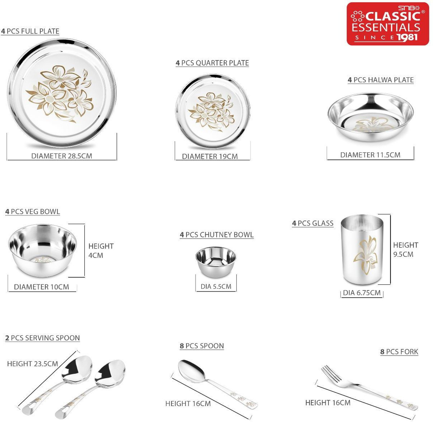 Image of Classic Essentials Pack of 42 Stainless Steel Dinner Set|Serves 4 People|Heavy Gauge|Kitchen Set|Permanent Laser-Glory Dinner Set