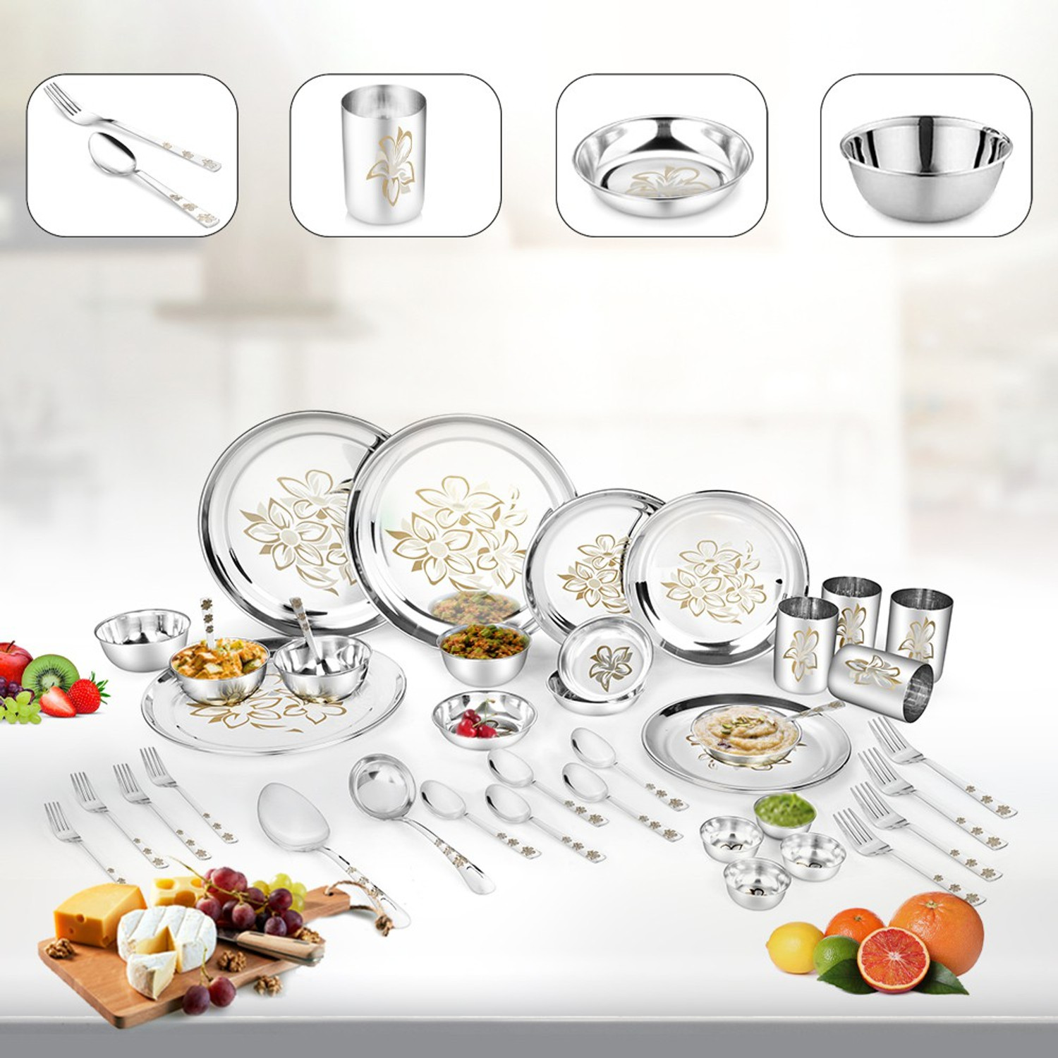 Image of Classic Essentials Pack of 42 Stainless Steel Dinner Set|Serves 4 People|Heavy Gauge|Kitchen Set|Permanent Laser-Glory Dinner Set