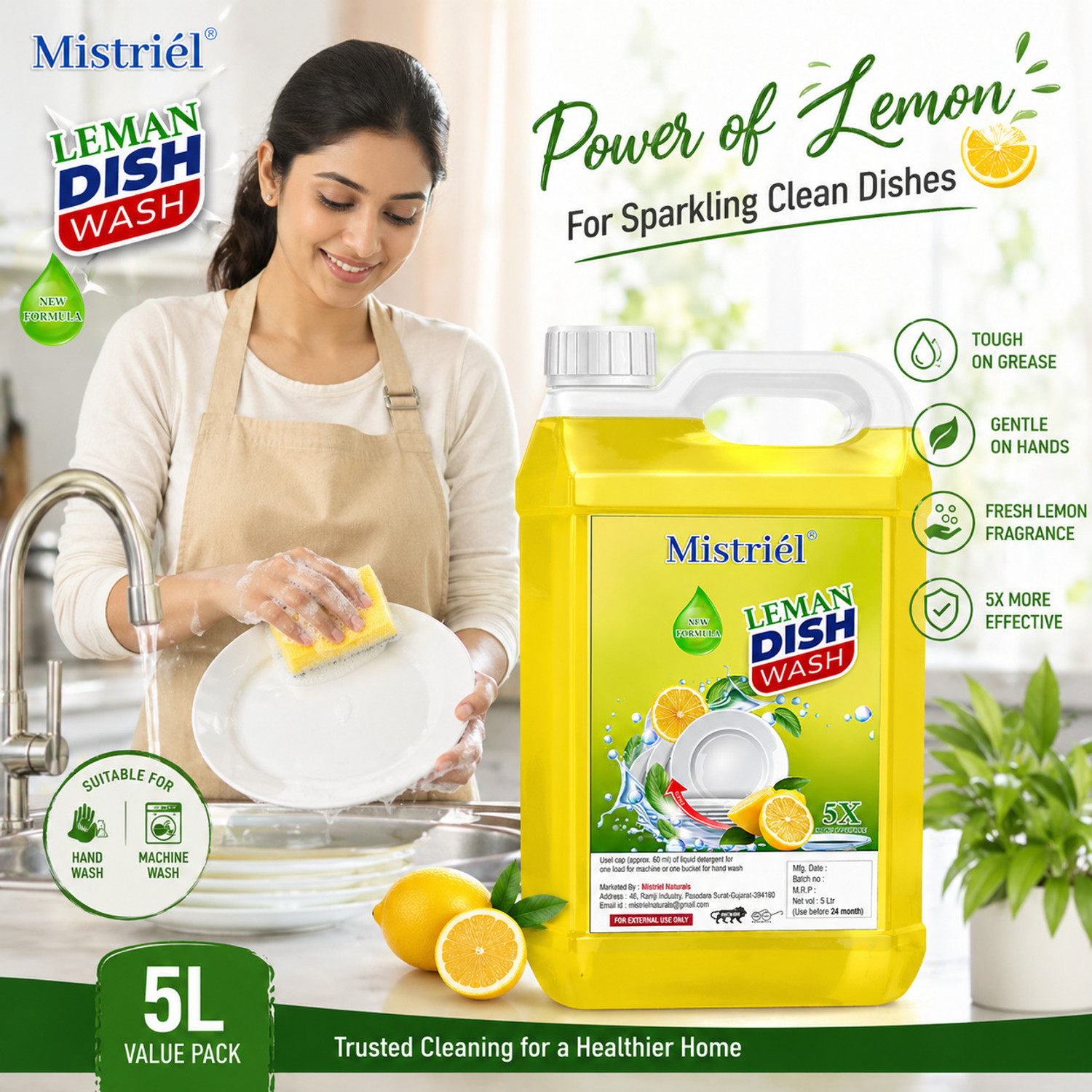 Image of Mistriel Dish Wash Liquid 5L | 5X More Effective Grease Cleaner |Suitable for Kitchenware Dish Cleaning Gel (LEMON, 5 L)