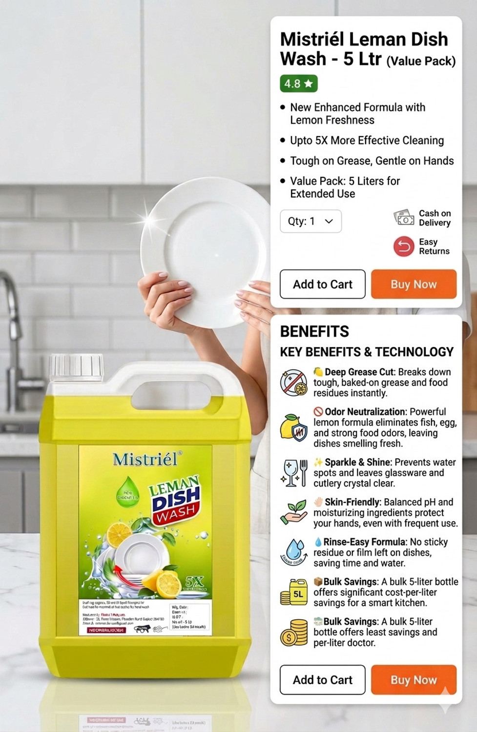 Image of Mistriel Dish Wash Liquid 5L | 5X More Effective Grease Cleaner |Suitable for Kitchenware Dish Cleaning Gel (LEMON, 5 L)