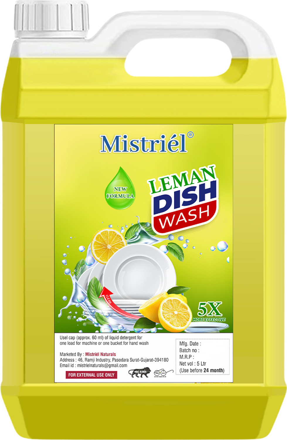 Image of Mistriel Dish Wash Liquid 5L | 5X More Effective Grease Cleaner |Suitable for Kitchenware Dish Cleaning Gel (LEMON, 5 L)
