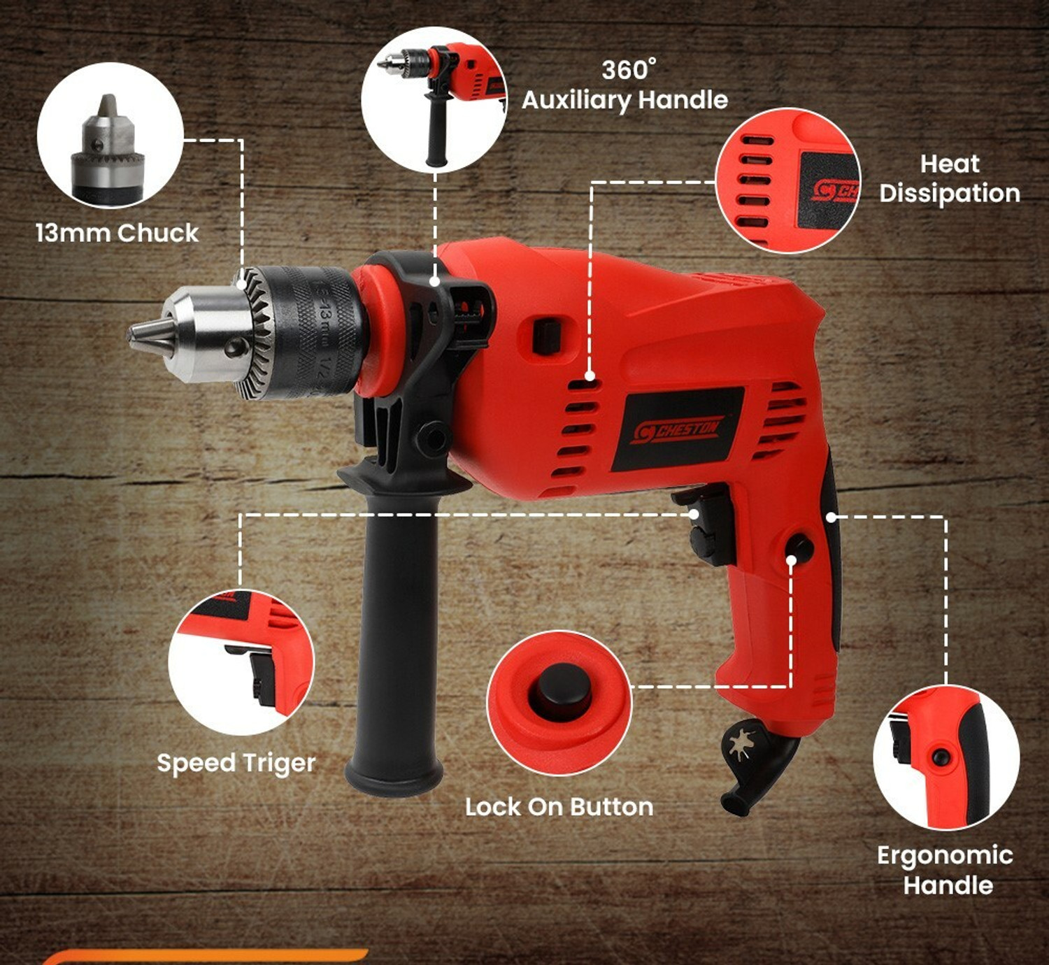 Image of CHESTON 13mm Impact Machine Reversible Hammer Driver Variable Speed Screwdriver CHD-13RE-13MM.KIT. Pistol Grip Drill