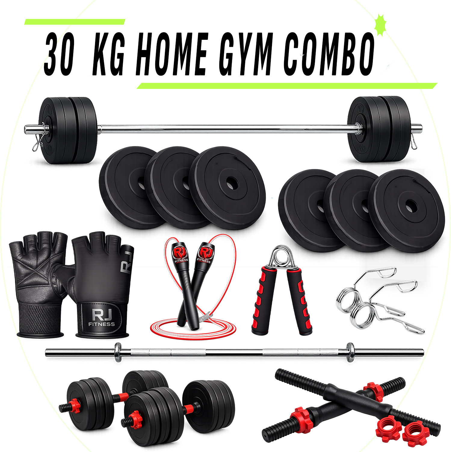 Image of rj fitness 31 kg 30KG PVC Weight Set with 3ft Straight Rod+Dumbbell Rods & Accessories Home Gym Combo