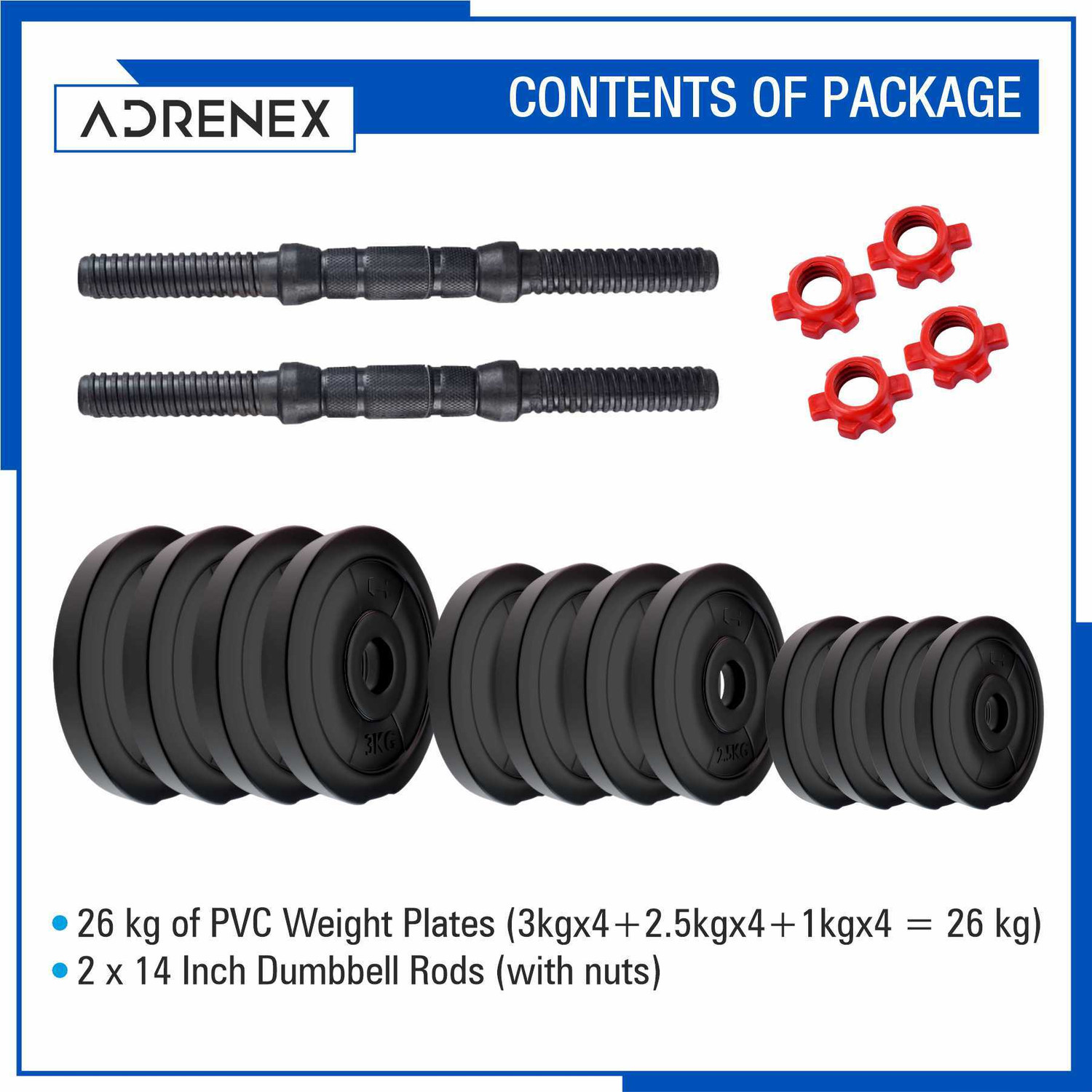 Image of Adrenex 26 Kg PVC Weight Plates with One Pair Rod Adjustable Dumbbell (26 kg)