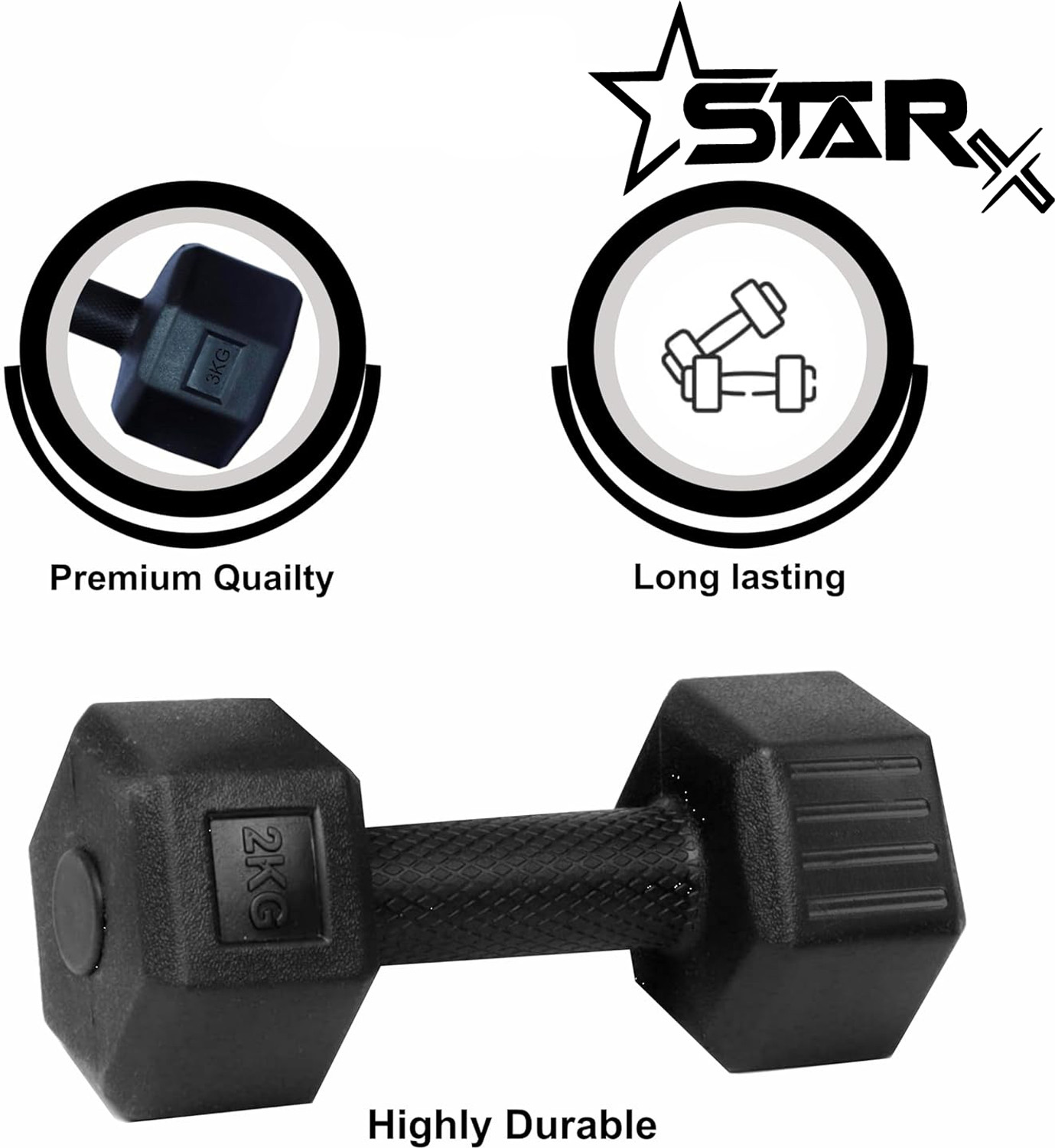 Image of STARX Hexa Dumbbells (2kg x 2) Black | Home Gym Fitness Weights Fixed Weight Dumbbell (4 kg)