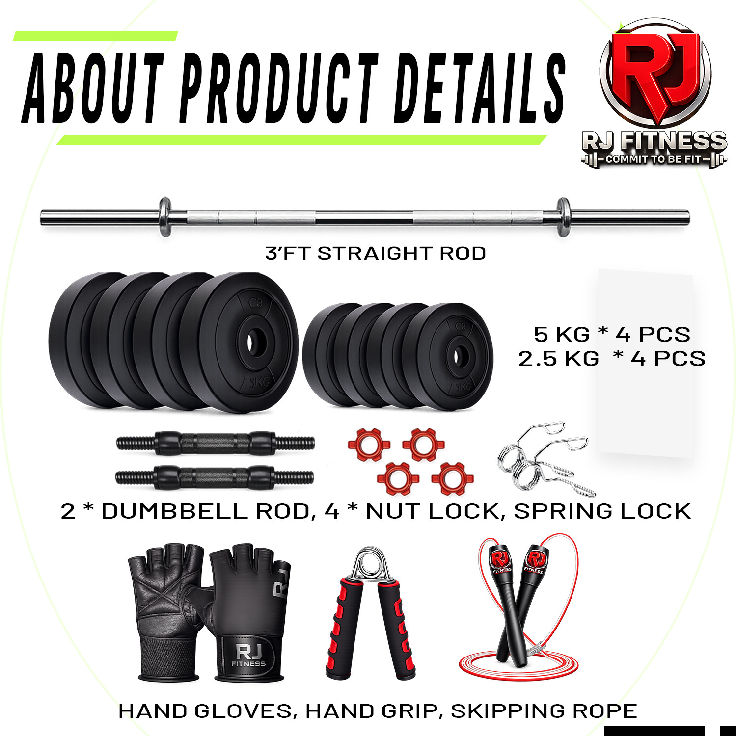 Image of rj fitness 31 kg 30KG PVC Weight Set with 3ft Straight Rod+Dumbbell Rods & Accessories Home Gym Combo
