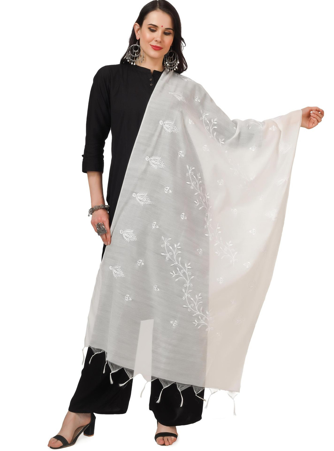 Image of Aayat Fashion Cotton Blend Embroidered White Women Dupatta