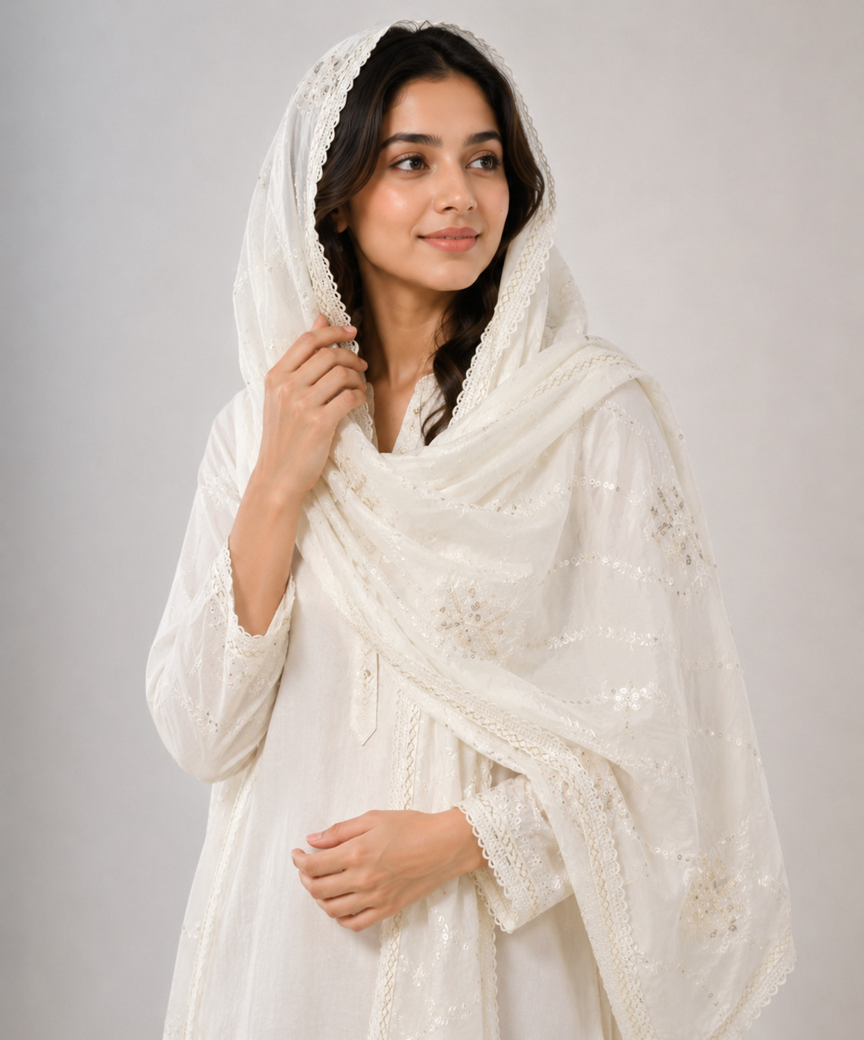 Image of Aayat Fashion Cotton Blend Embroidered White Women Dupatta