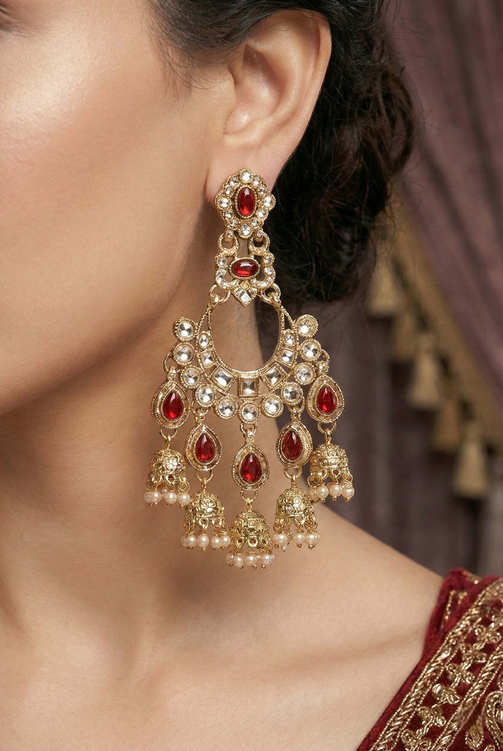 Meira Jewellery Designer Premium Kundan Studded Gold Plated Heavy Earring Alloy Drops & Danglers