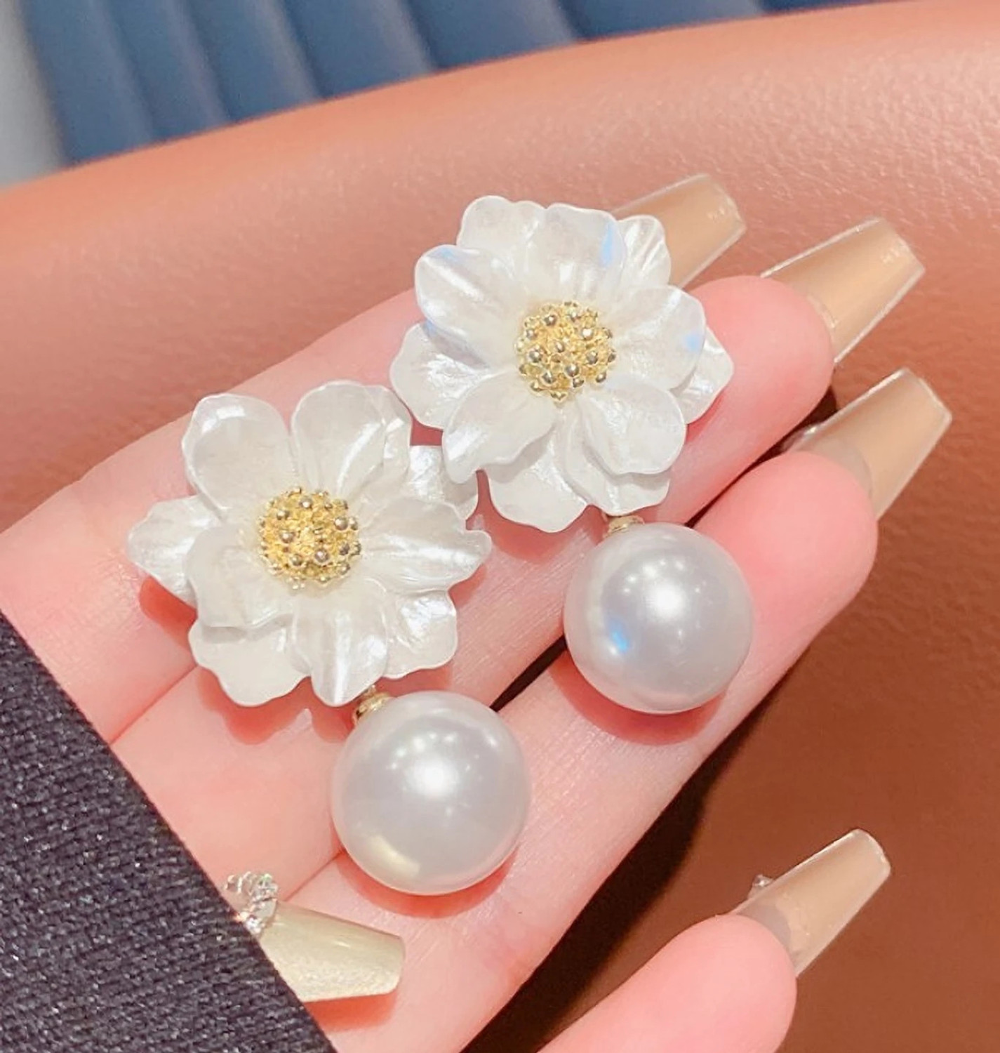 Akison Jewels Pearls Drop Flower Earrings For Women Floral Earrings For Women Korean Earrings Pearl Alloy Earring Set, Drops & Danglers