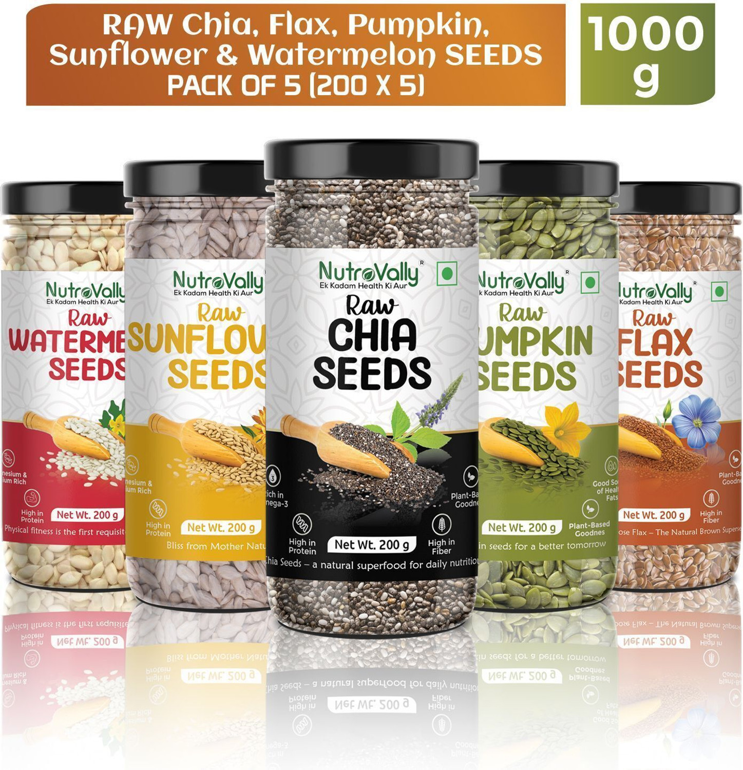 NutroVally Raw Chia Seeds, Flax Seeds, Pumpkin Seed, Sunflower Seed, Watermelon Seeds Combo Loaded with Omega 3, Zinc, Fiber, Calcium, Protein for weight loss, Healthy Heart and Boost Immunity seed for Eating  (1000 g, Pack of 5)