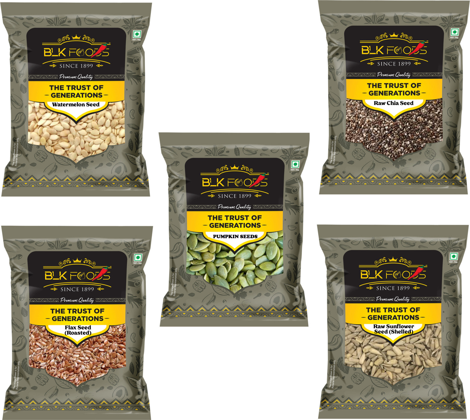 BLK FOODS Combo of All Seeds Pack- Chia, Pumpkin, Sunflower, Flax, Wat