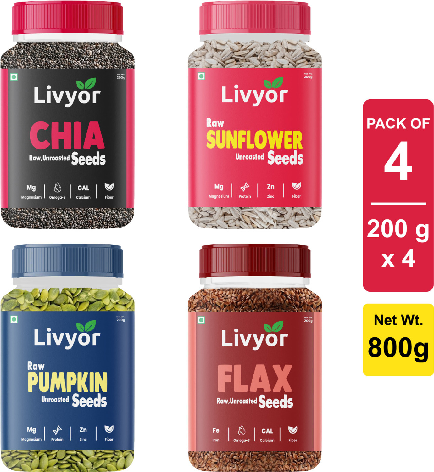 LIVYOR Raw Chia, Flax, Pumpkin, Sunflower Combo for Weight Loss Mix Se