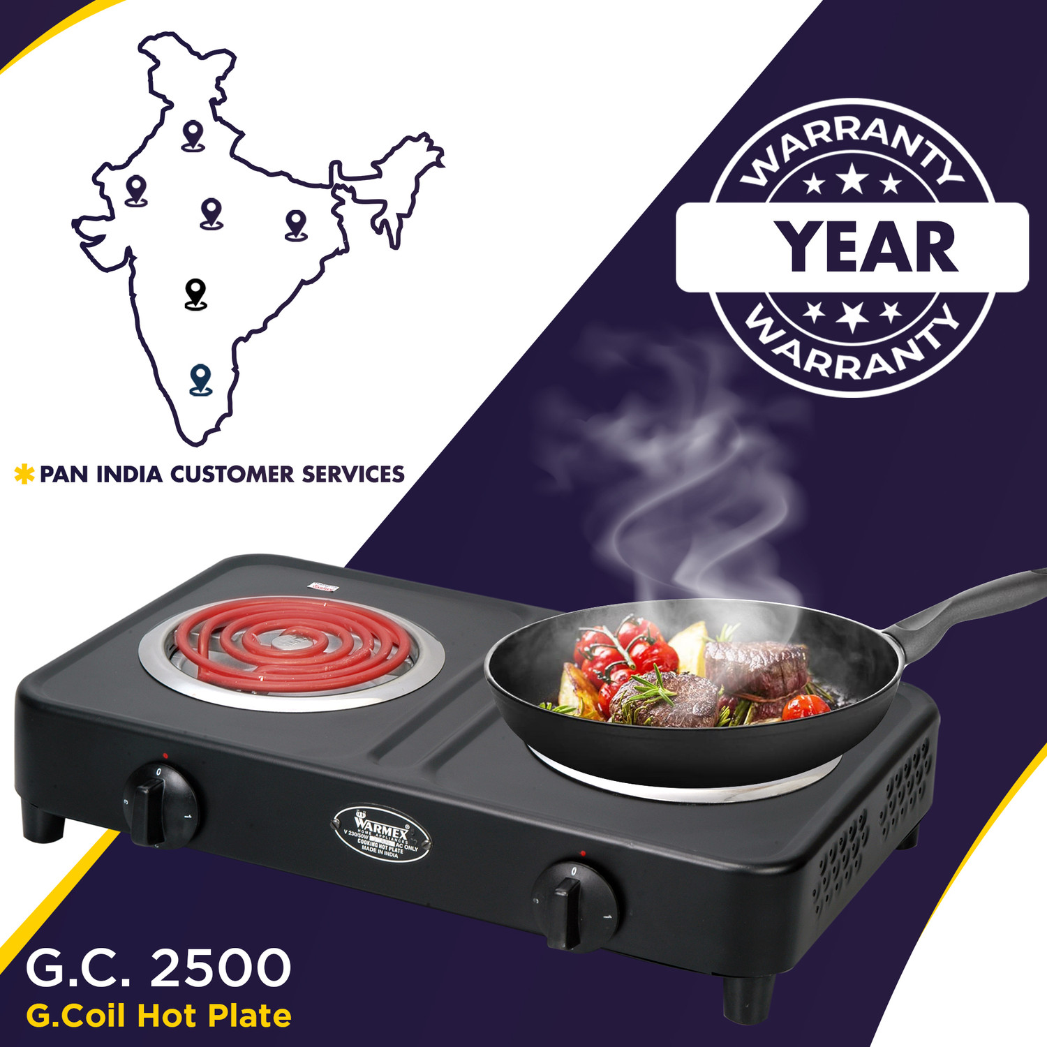 Image of Warmex 2500W Electric G.Coil Hot Plate Double Metallic Enamel With Rotary Switch Round Electric Cooking Heater