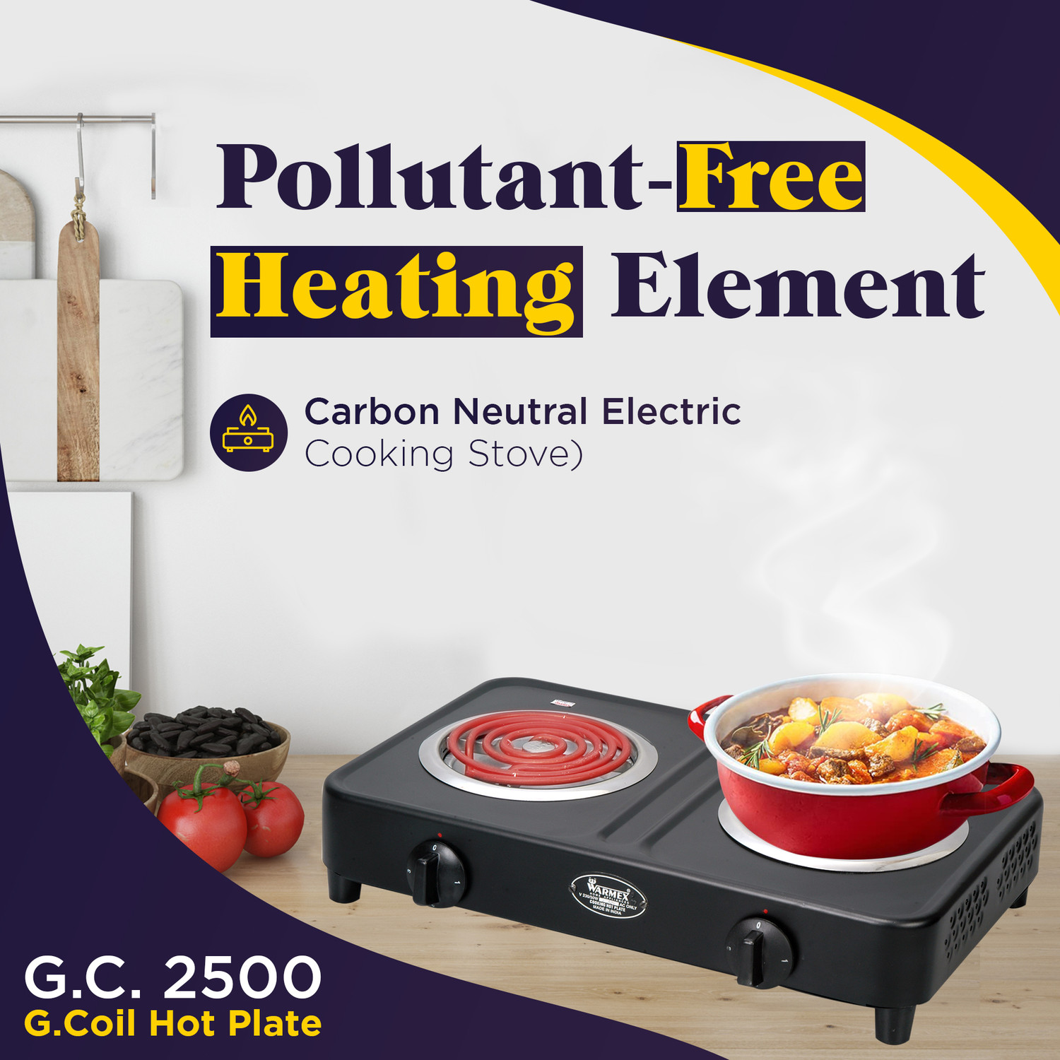 Image of Warmex 2500W Electric G.Coil Hot Plate Double Metallic Enamel With Rotary Switch Round Electric Cooking Heater