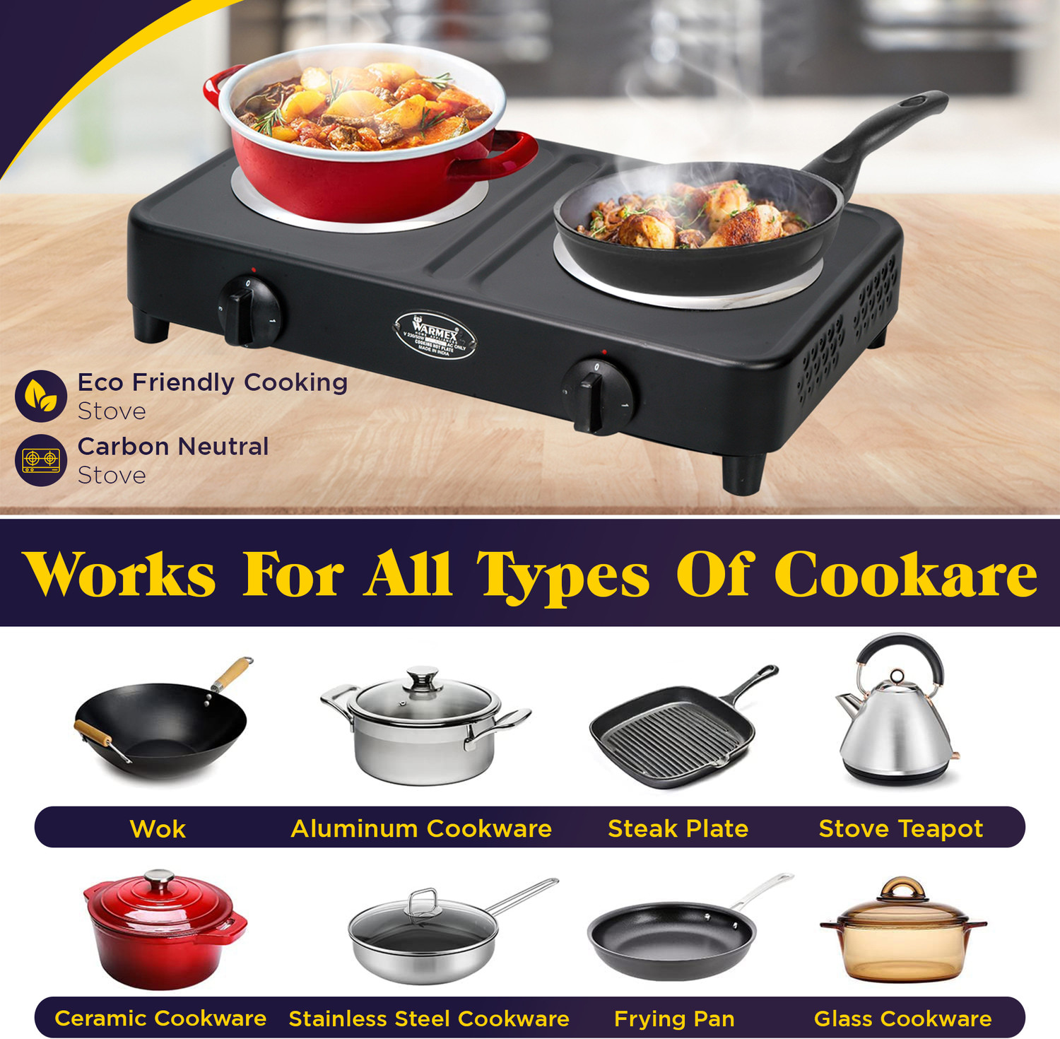 Image of Warmex 2500W Electric G.Coil Hot Plate Double Metallic Enamel With Rotary Switch Round Electric Cooking Heater