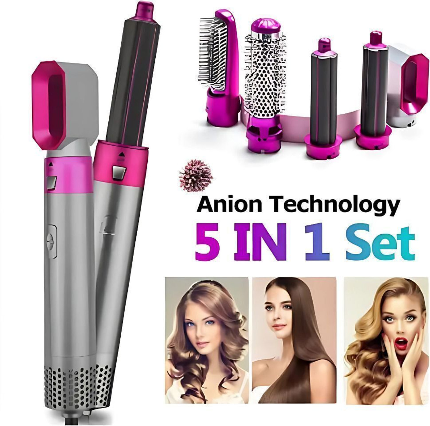 Image of PAVITRA PUJA & ENTERPRISES 5 in 1 Professional Hair Styler Hot Air Brush for Women Hair Dryer (1000 W, Pink)