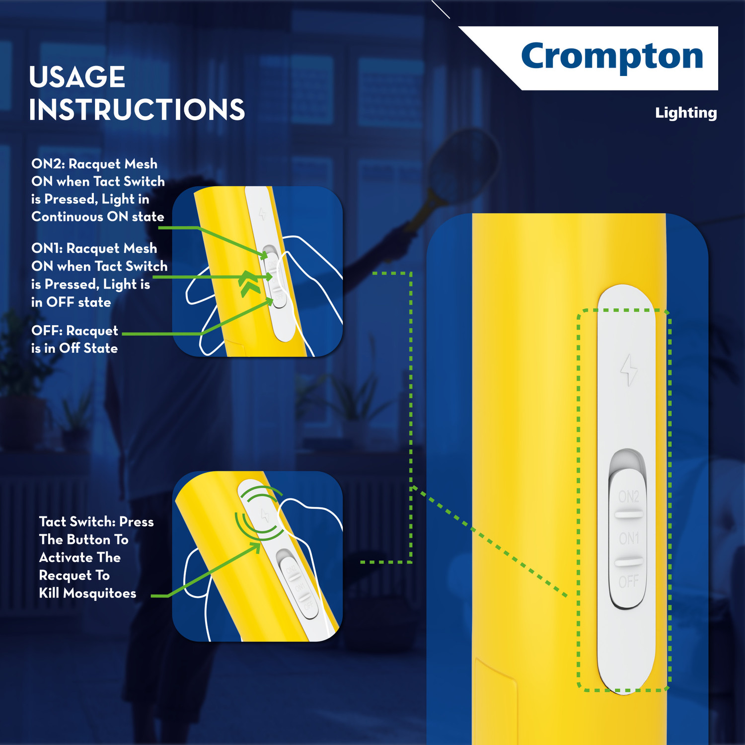 Image of Crompton ANTI-MOSQUITO RACQUET-ZAPPY-DUO Electric Insect Killer Indoor (Bat)