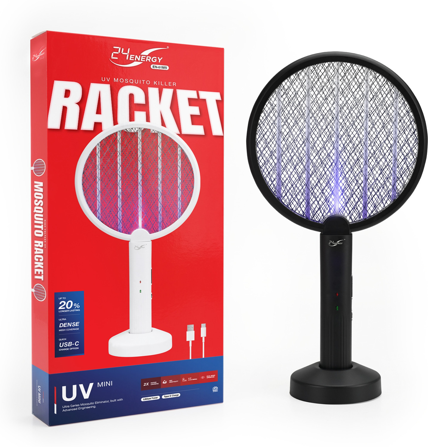 24 ENERGY 2 in 1 UV-Light C-type Rechargeable Mosquito Bat with Base Stand EN-01MS [Black] Electric Insect Killer Indoor, Outdoor