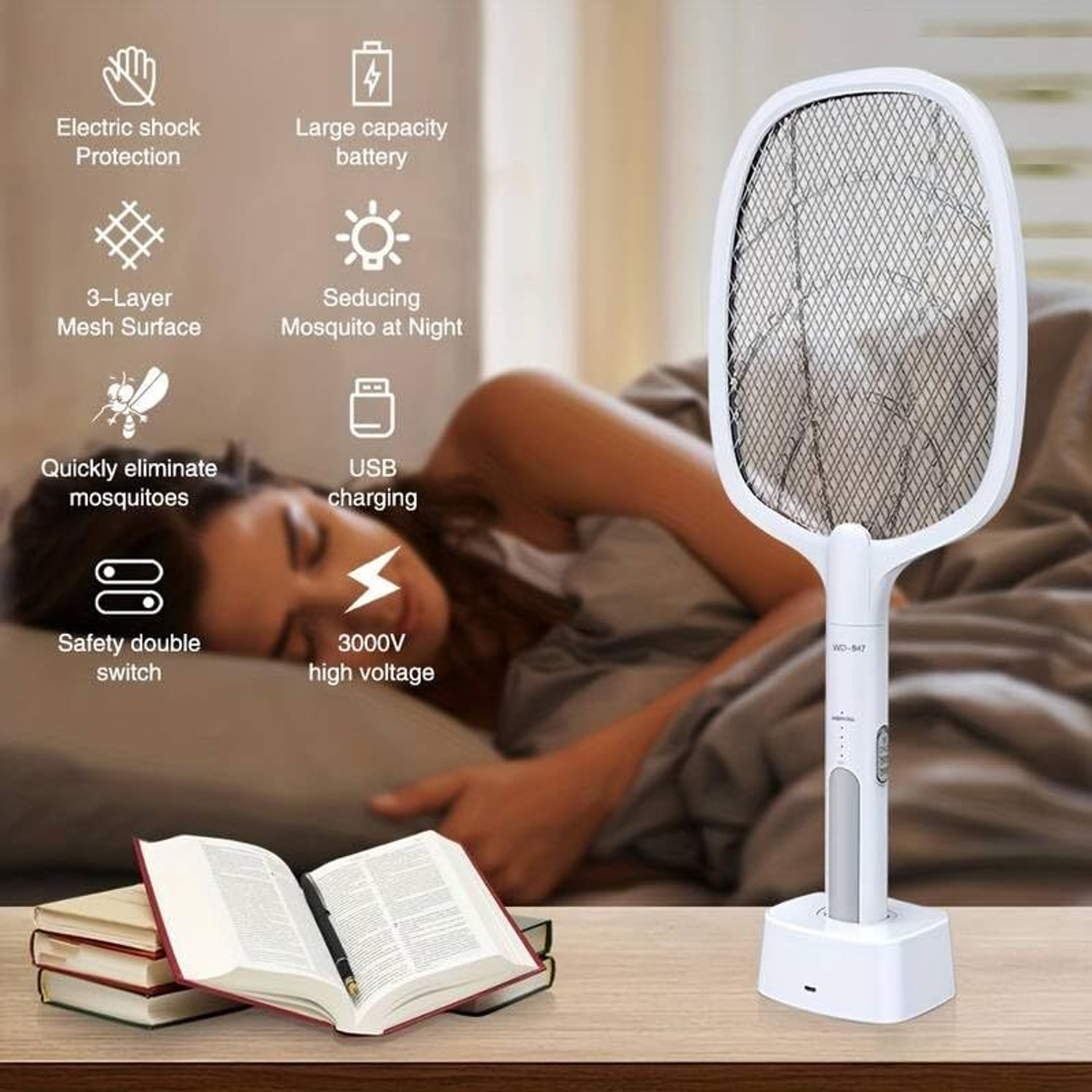 Image of Arrom Cordless Anti-Mosquito Racket /Bat, 4000V Rechargeable Fly Swatter, UV LED Light Electric Insect Killer Indoor, Outdoor (Fly Swatter)