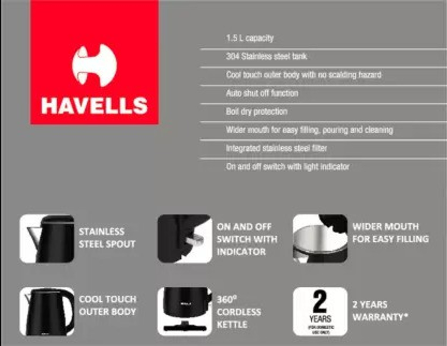 Image of HAVELLS by Havells (GHBKTAYK150) AQUIS Electric Kettle