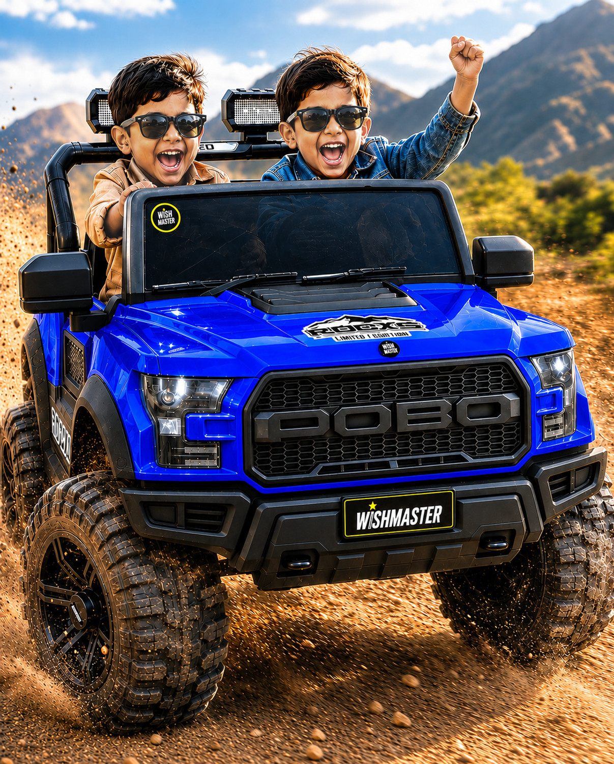 Wishmaster 4x4 Kids Driving Car With Remote , Mobile App + Manual Drive | 1 Year Warranty Jeep Battery Operated Ride On