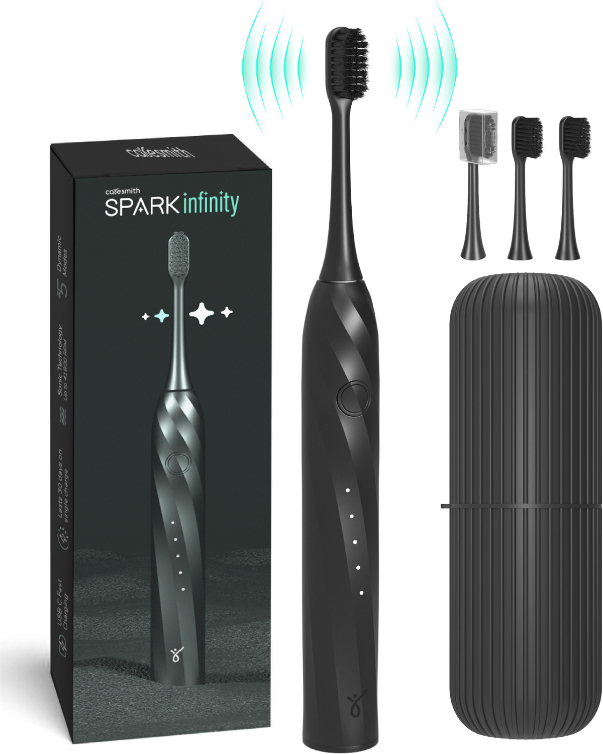 Caresmith SPARK Rechargeable Toothbrush – Black, 2‑Min Timer