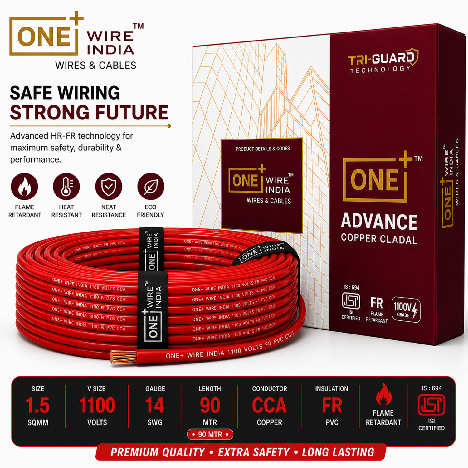 Image of AKIA KABLES 2.5SQ MM AKIA GOLD COPPER CLADAL HIGH QUALITY PVC PREMIUM QUALITY HRFR PVC 2.5 sq /mm Red 90 m Wire (RED)