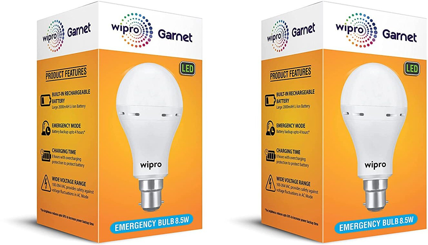 Wipro 8.5W Rechargeable LED Bulb – 2 Pack, 4hr Backup