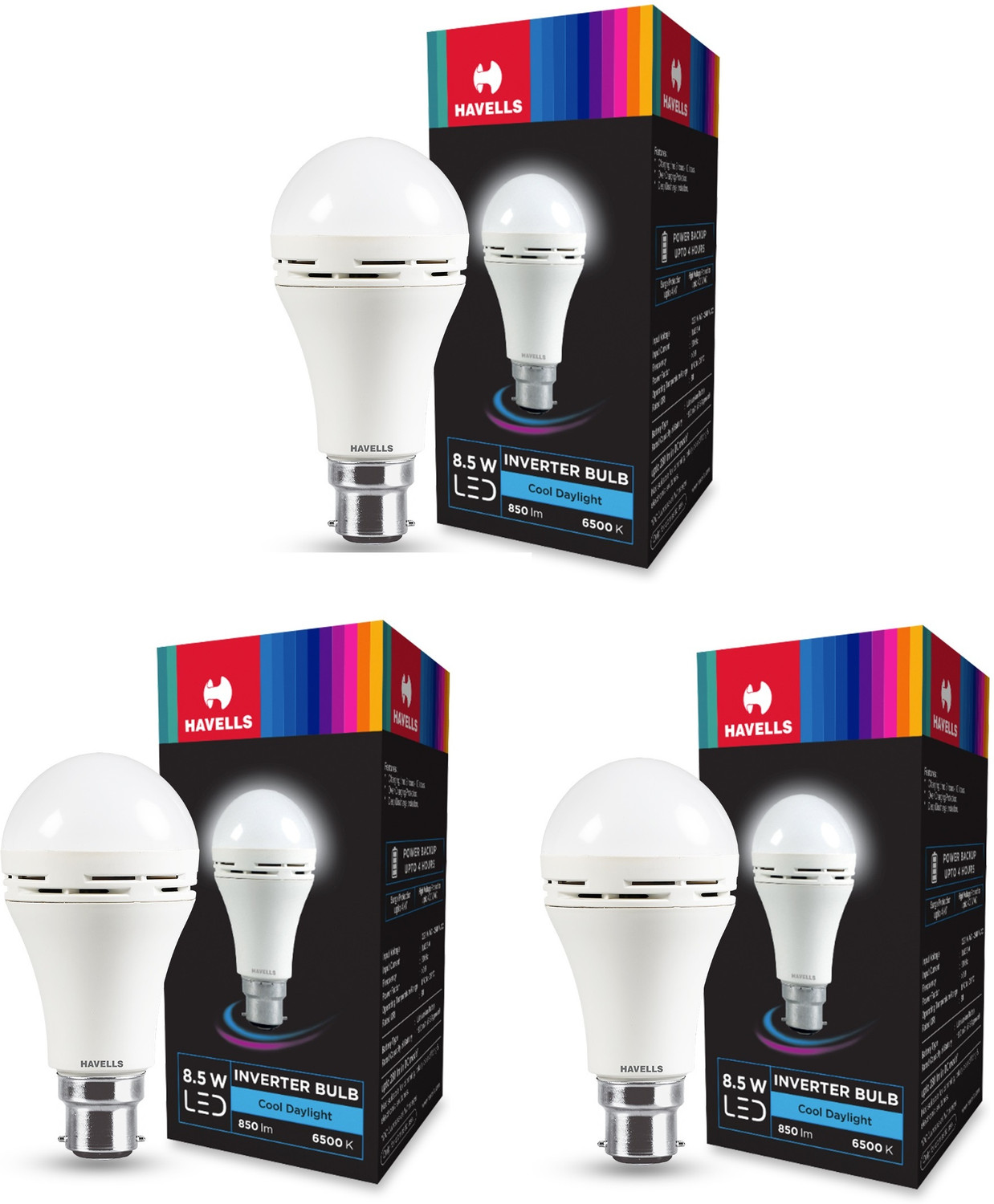 HAVELLS 8.5W B22 WHITE EMERGENCY LED BULB PACK OF-03   ()