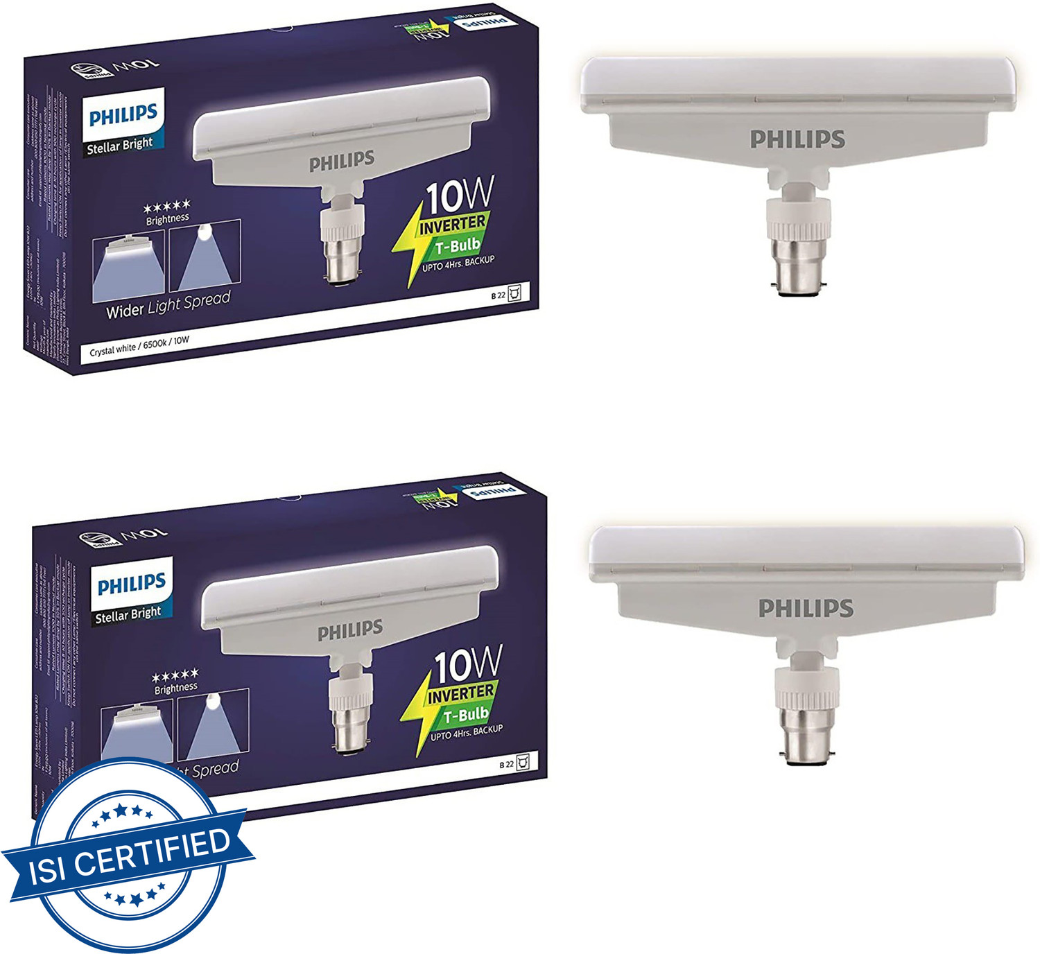 Philips 10W B22 White Emergency T‑Bulb – Pack of 2