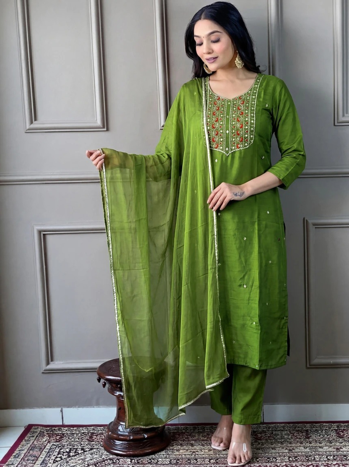 Image of TEO DORI Women Viscose Rayon Kurta Pant Attached Dupatta Set