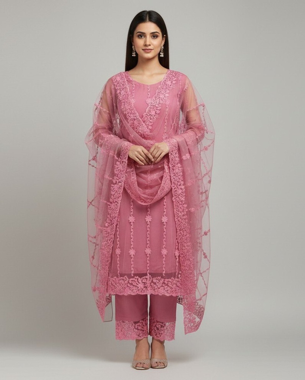 Image of Blue Wish Women Net Kurta Pant Dupatta Set