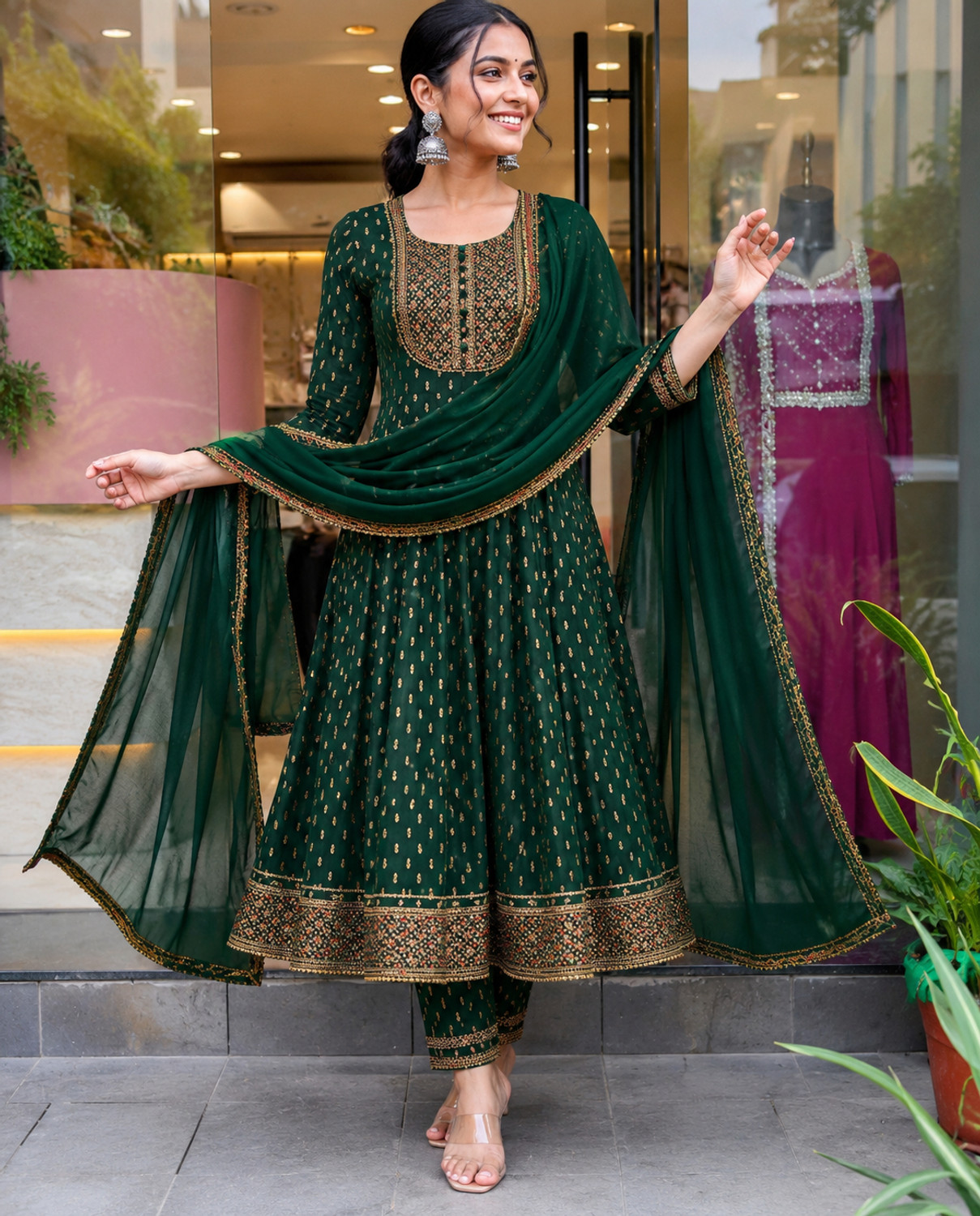 Image of CHECHI Embroidered Kurta, Palazzo & Dupatta Set