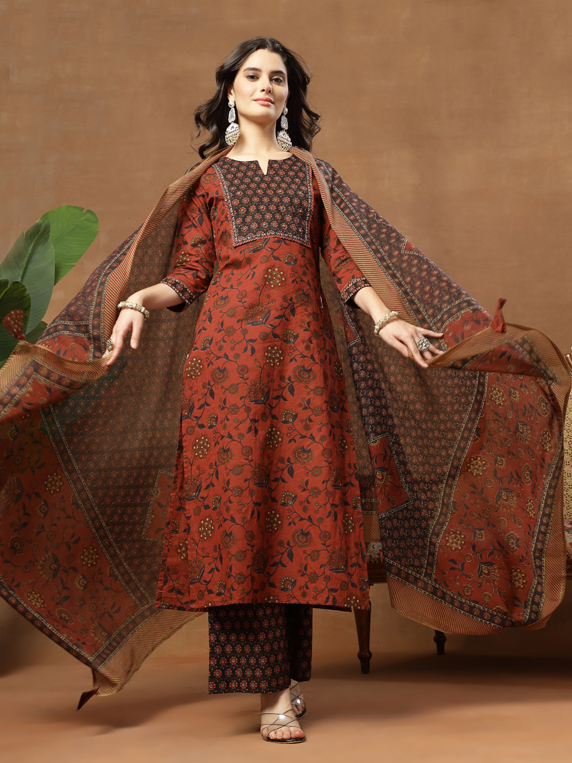 Image of TEO DORI Women Viscose Rayon Kurta Pant Attached Dupatta Set
