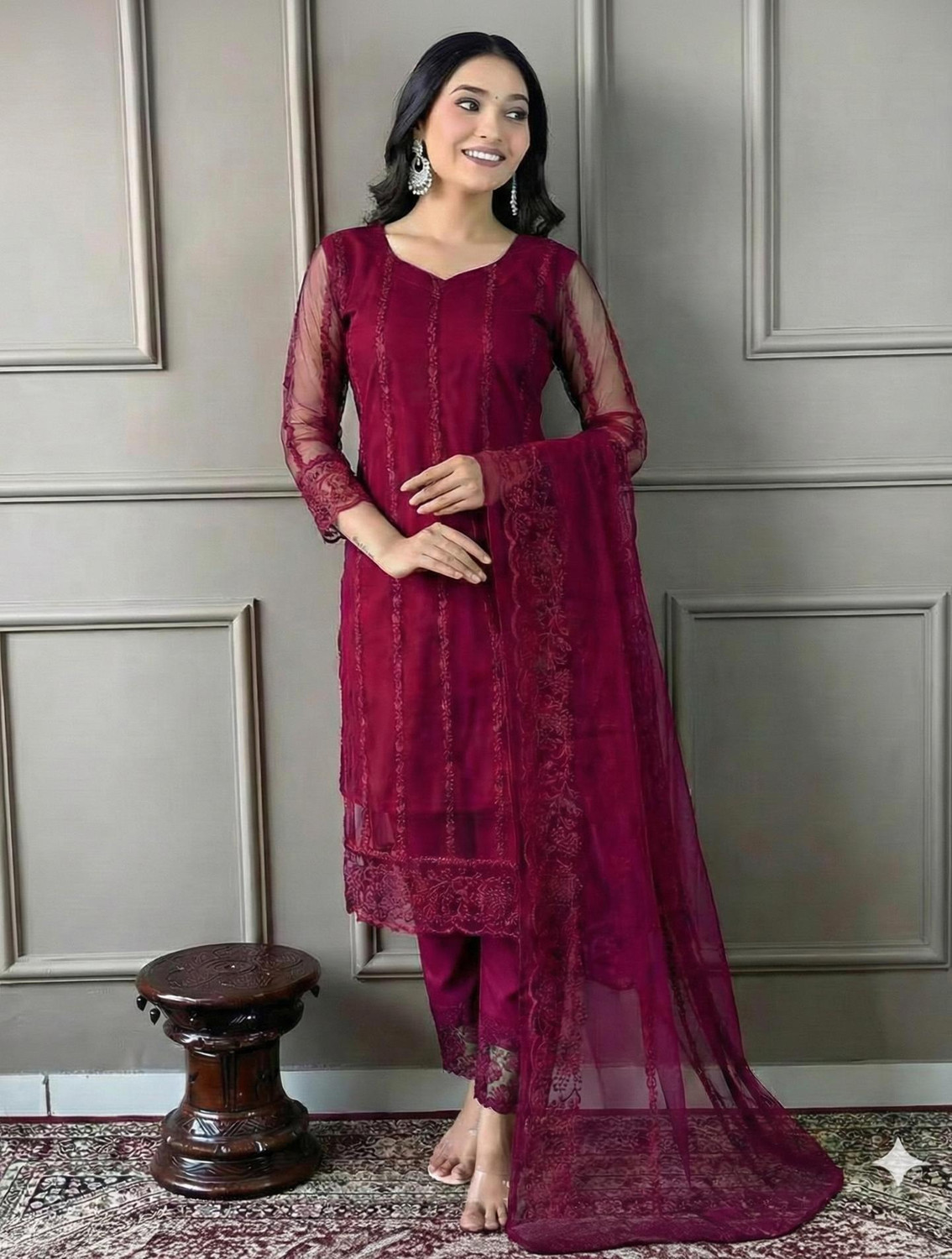 Image of Blue Wish Women Net Kurta Pant Dupatta Set