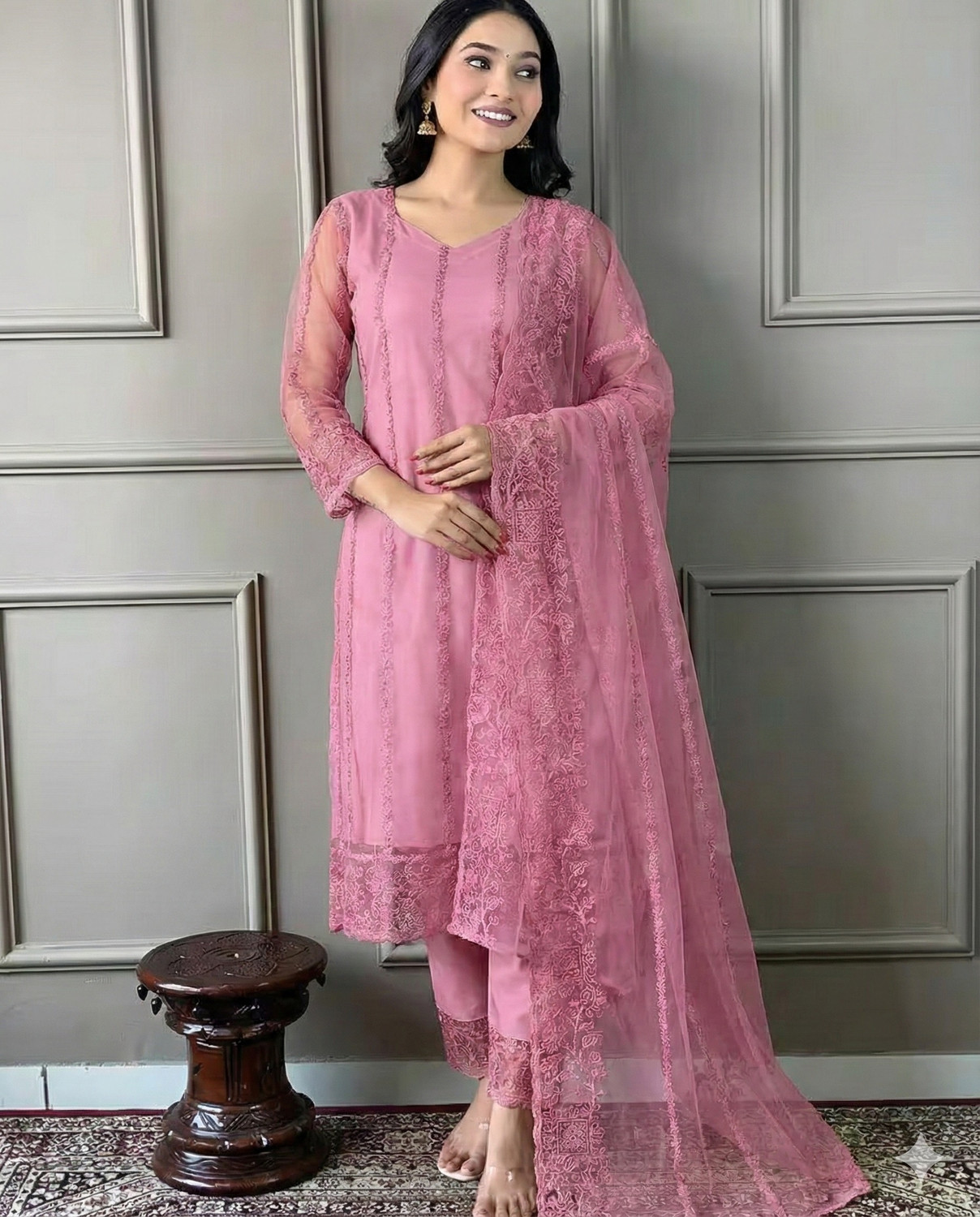 Image of Blue Wish Women Net Kurta Pant Dupatta Set